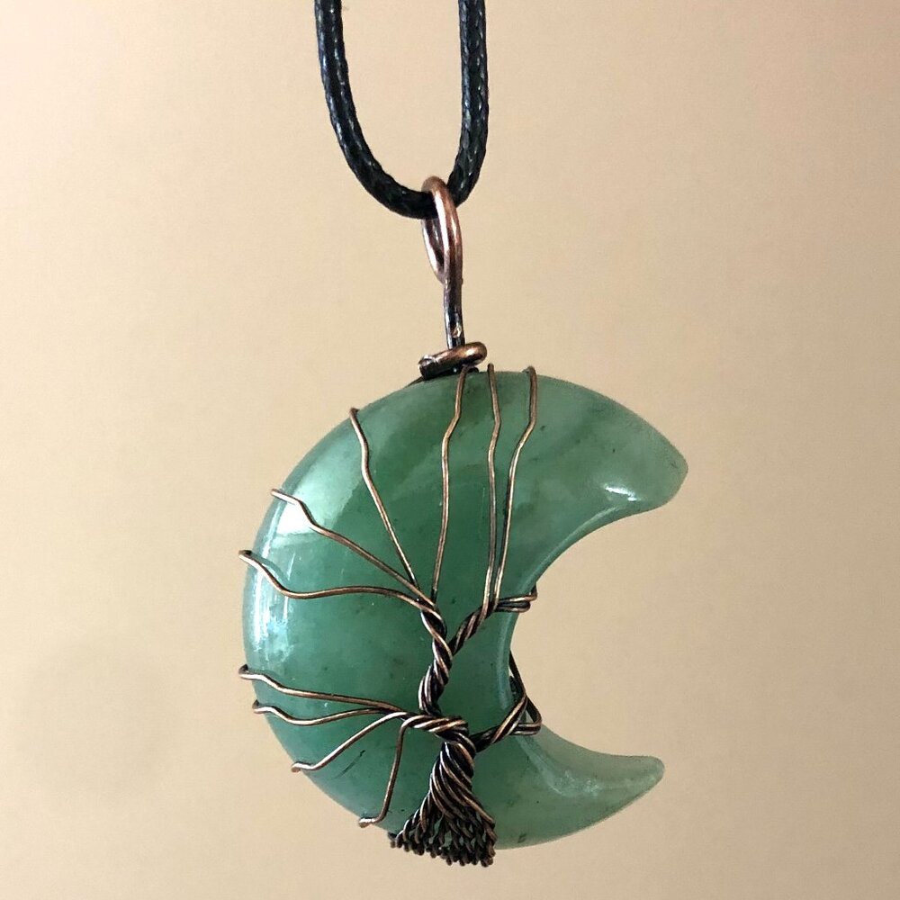 Green Aventurine Crescent Moon Gemstone Tree Of Life Copper Wire Wrap Pendant - Picture 2 of 3
